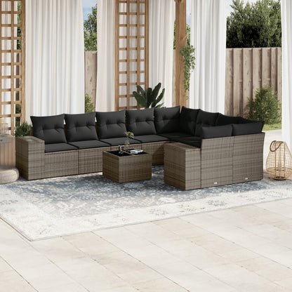 10 pcs conjunto sofás de jardim c/ almofadões vime PE cinzento