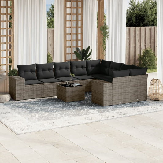 10 pcs conjunto sofás de jardim c/ almofadões vime PE cinzento