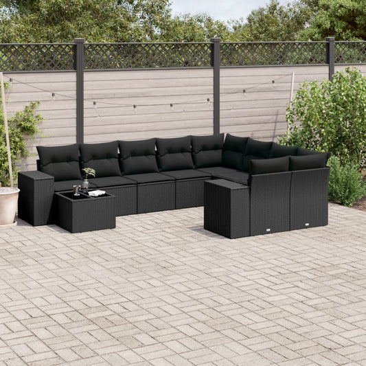 10 pcs conjunto sofás de jardim c/ almofadões vime PE preto
