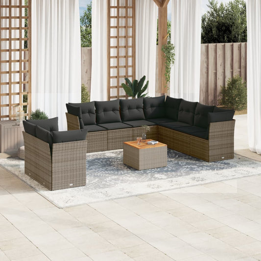 10 pcs conjunto sofás de jardim c/ almofadões vime PE cinzento