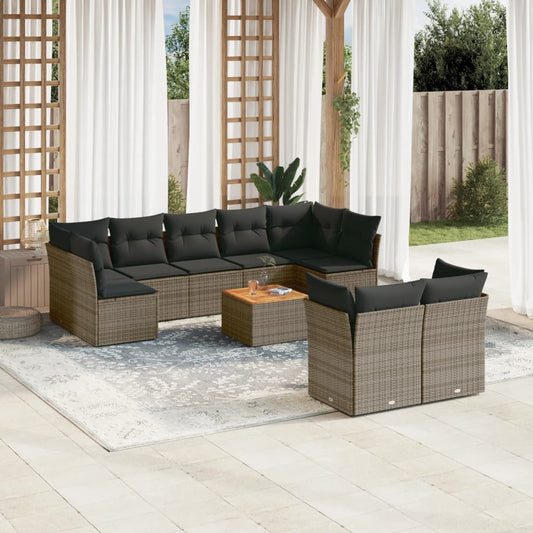 10 pcs conjunto sofás de jardim c/ almofadões vime PE cinzento