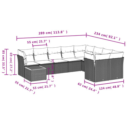 10 pcs conj. sofás jardim c/ almofadões vime PE bege misturado