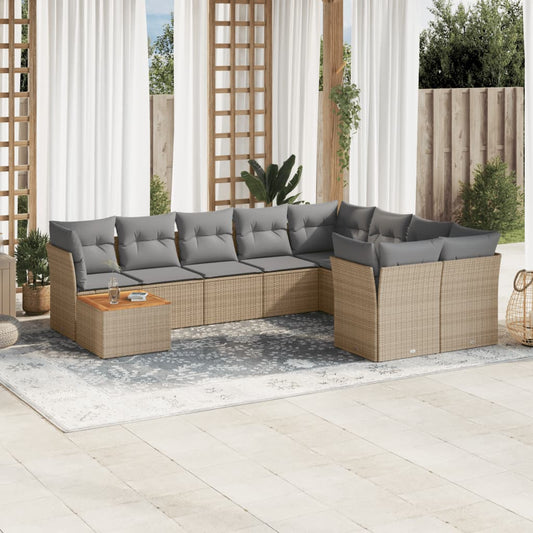 10 pcs conj. sofás jardim c/ almofadões vime PE bege misturado