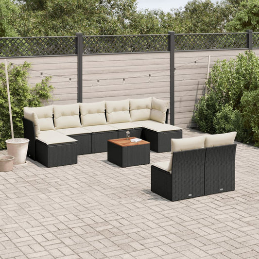 10 pcs conjunto sofás de jardim c/ almofadões vime PE preto