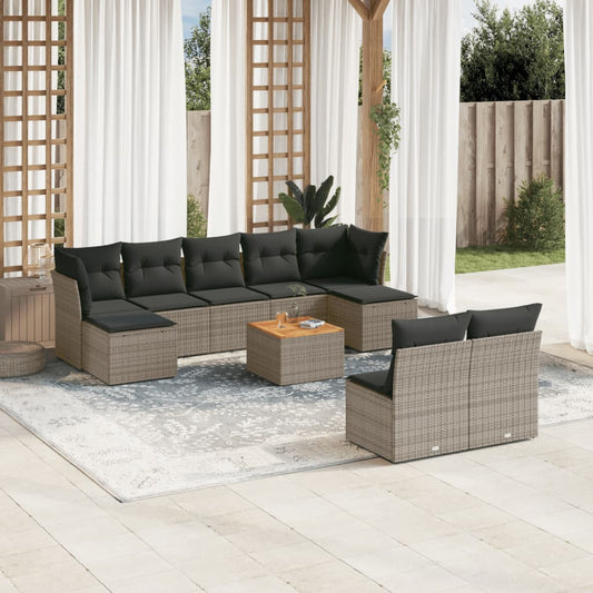 10 pcs conjunto sofás de jardim c/ almofadões vime PE cinzento
