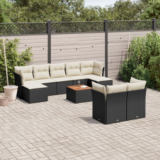 10 pcs conjunto sofás de jardim c/ almofadões vime PE preto