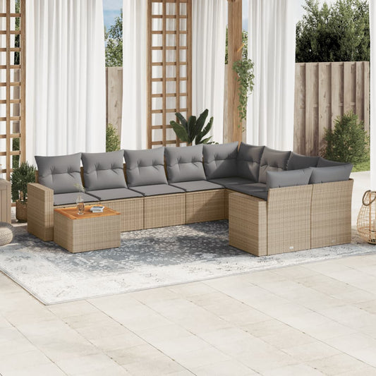 10 pcs conj. sofás jardim c/ almofadões vime PE bege misturado