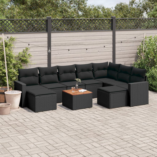 10 pcs conjunto sofás de jardim c/ almofadões vime PE preto