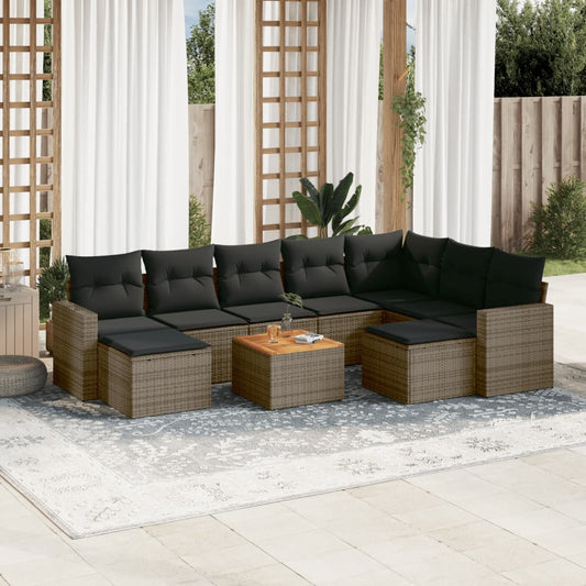 10 pcs conjunto sofás de jardim c/ almofadões vime PE cinzento