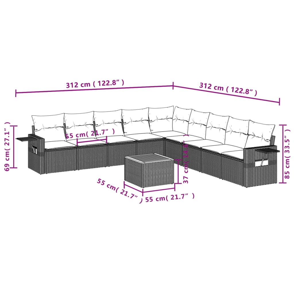 10 pcs conjunto sofás de jardim c/ almofadões vime PE cinzento