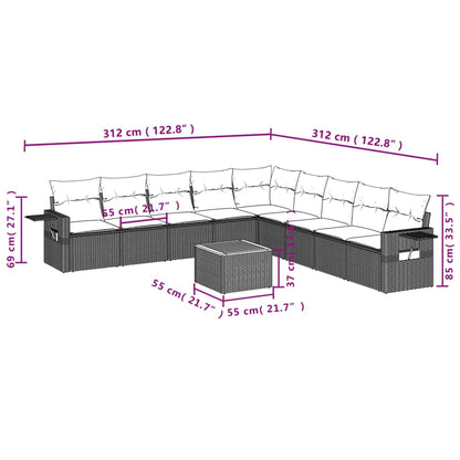 10 pcs conjunto sofás de jardim c/ almofadões vime PE cinzento