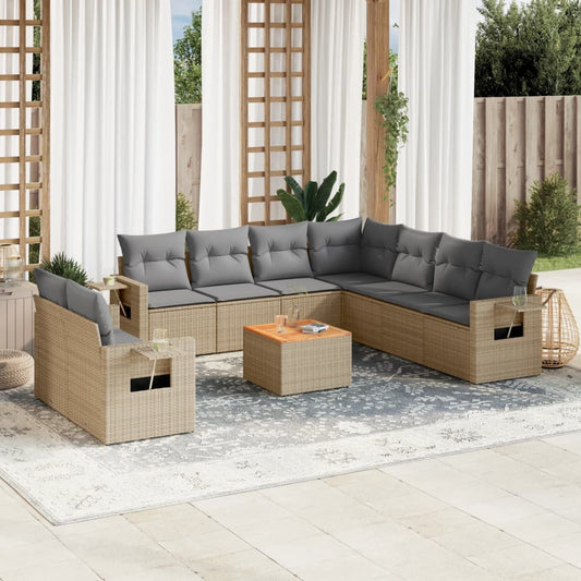 10 pcs conj. sofás jardim c/ almofadões vime PE bege misturado