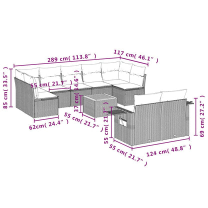 10 pcs conjunto sofás de jardim c/ almofadões vime PE cinzento