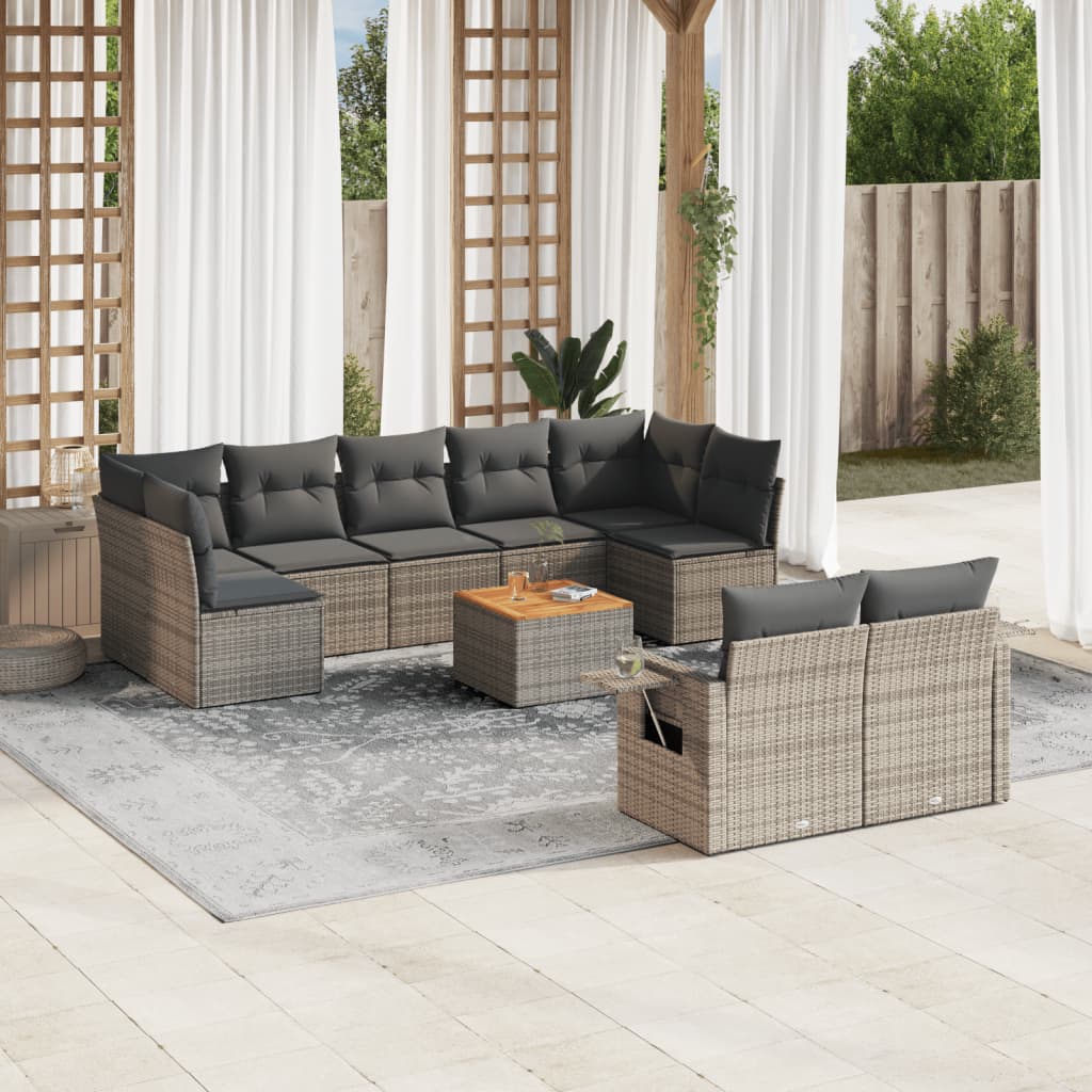 10 pcs conjunto sofás de jardim c/ almofadões vime PE cinzento