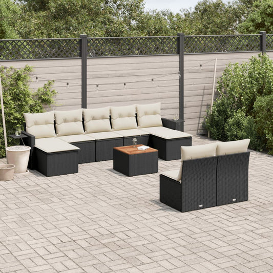 10 pcs conjunto sofás de jardim c/ almofadões vime PE preto