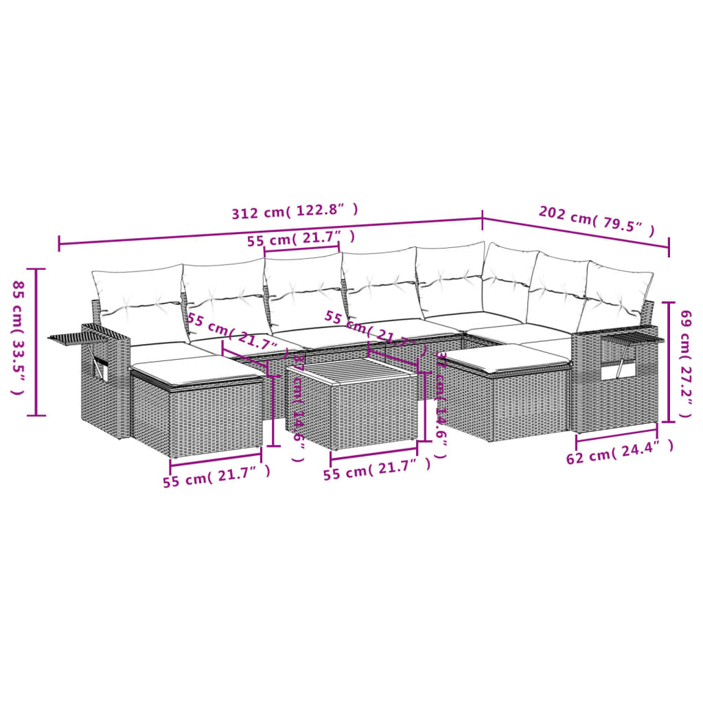 10 pcs conjunto sofás de jardim c/ almofadões vime PE preto