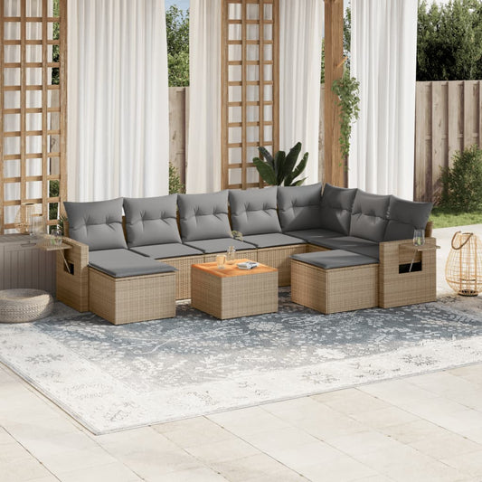 10 pcs conj. sofás jardim c/ almofadões vime PE bege misturado