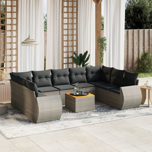 10 pcs conjunto sofás de jardim c/ almofadões vime PE cinzento