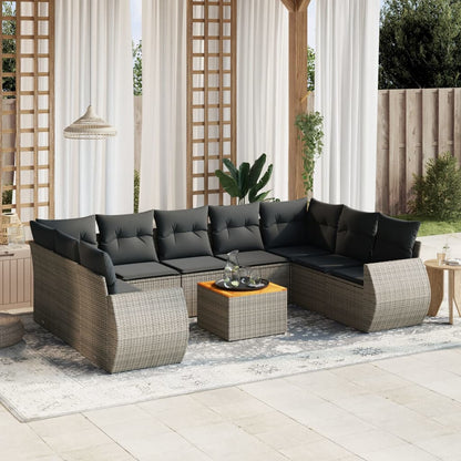 10 pcs conjunto sofás de jardim c/ almofadões vime PE cinzento