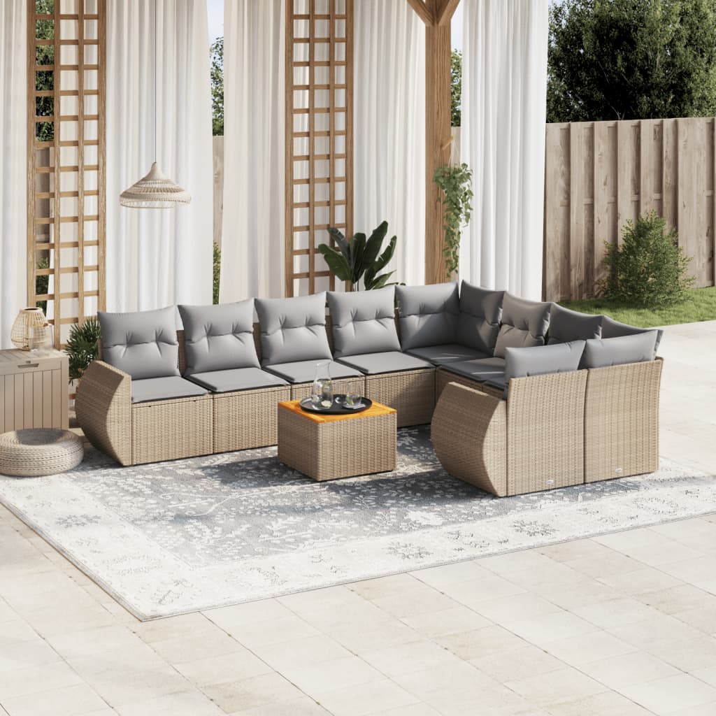 10 pcs conjunto de sofás p/ jardim com almofadões vime PE bege