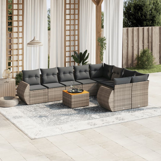 10 pcs conjunto sofás de jardim c/ almofadões vime PE cinzento