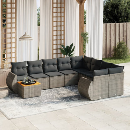 10 pcs conjunto sofás de jardim c/ almofadões vime PE cinzento