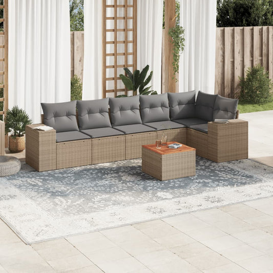 7 pcs conjunto de sofás p/ jardim com almofadões vime PE bege