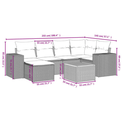 7 pcs conjunto de sofás p/ jardim com almofadões vime PE bege