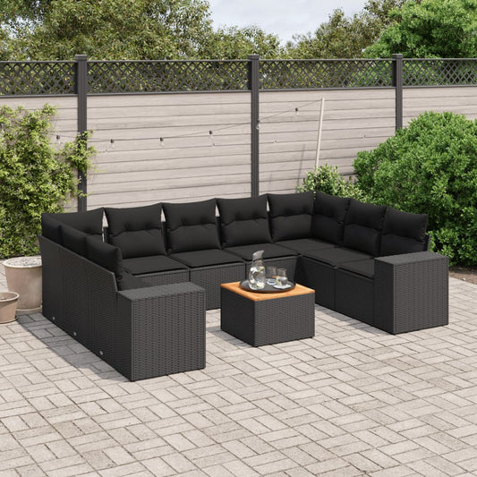 10 pcs conjunto sofás de jardim c/ almofadões vime PE preto
