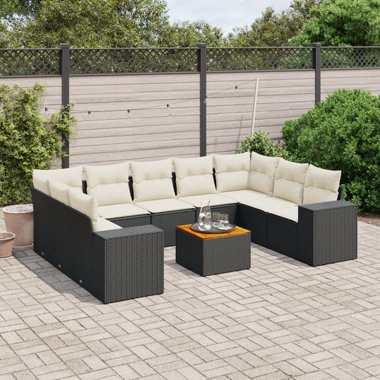 10 pcs conjunto sofás de jardim c/ almofadões vime PE preto