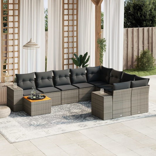 10 pcs conjunto sofás de jardim c/ almofadões vime PE cinzento