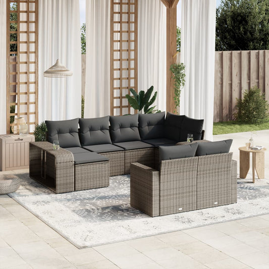 10 pcs conjunto sofás de jardim c/ almofadões vime PE cinzento