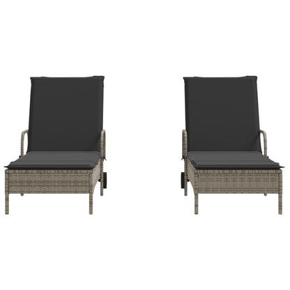 Sun loungers with cushions 2 pcs PE rattan grey