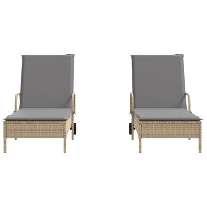 Sun loungers with cushions 2 pcs PE rattan beige