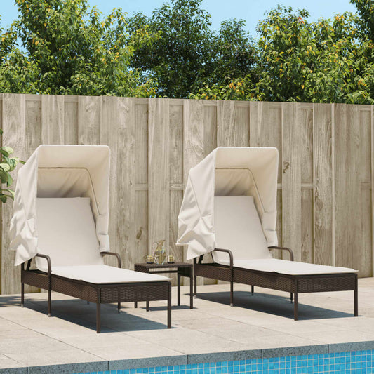 Sun loungers with canopies and table 2 pcs PE rattan brown