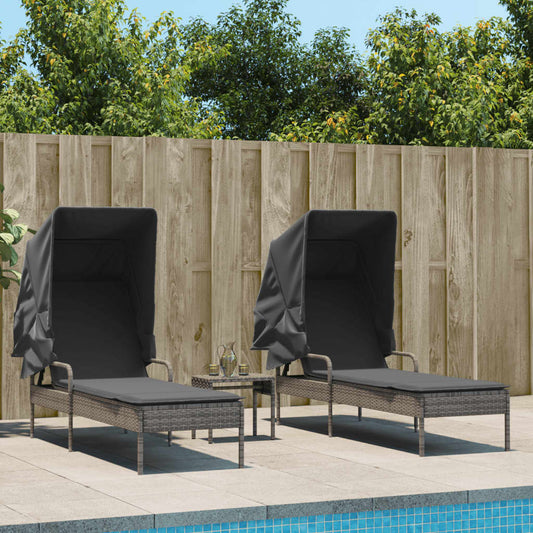 Sun loungers with canopies and table 2 pcs PE rattan grey