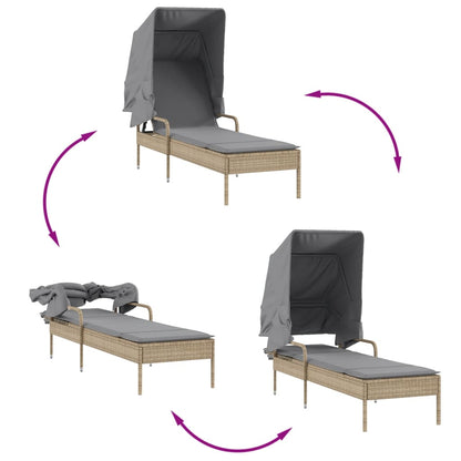 Sun loungers with canopies and table 2 pcs PE rattan beige