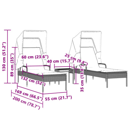 Sun loungers with canopies and table 2 pcs PE rattan beige