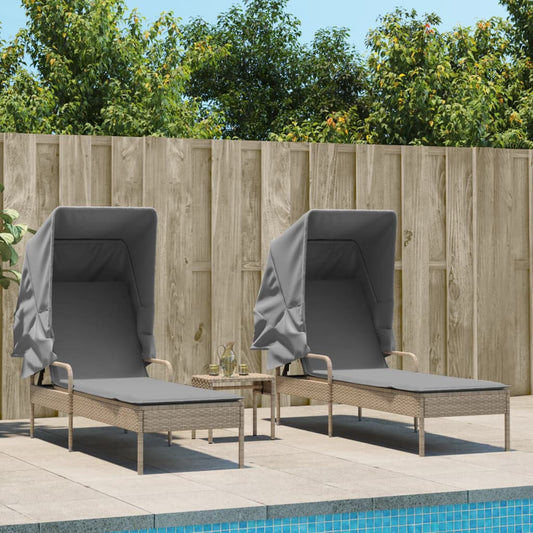 Sun loungers with canopies and table 2 pcs PE rattan beige