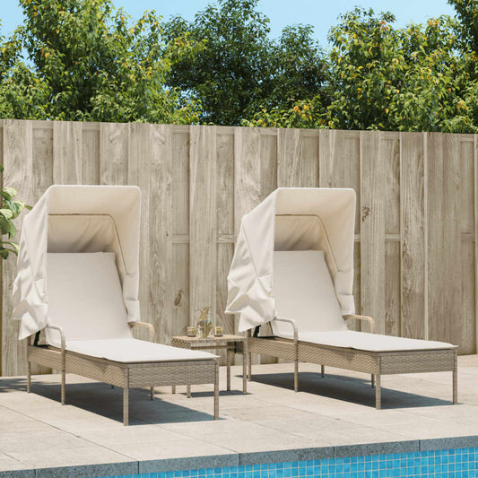 Sun loungers with canopies and table 2 pcs PE rattan beige