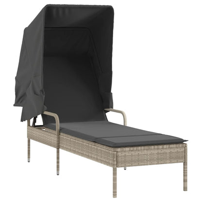 Sun loungers with canopies and table 2 pcs PE rattan light grey
