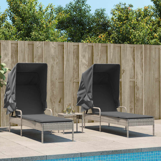Sun loungers with canopies and table 2 pcs PE rattan light grey