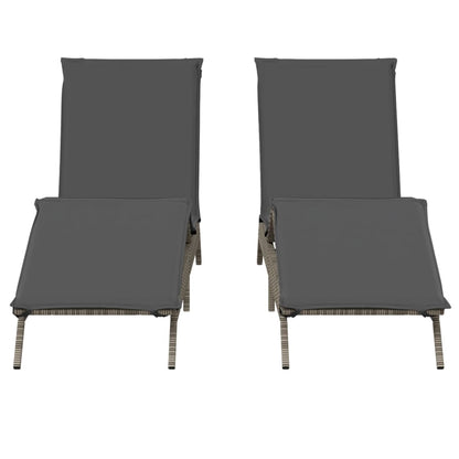 Sun loungers with cushions 2 pcs PE rattan grey