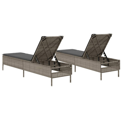 Sun loungers with cushions 2 pcs PE rattan grey