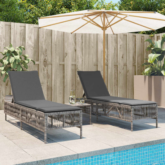 Sun loungers with cushions 2 pcs PE rattan grey