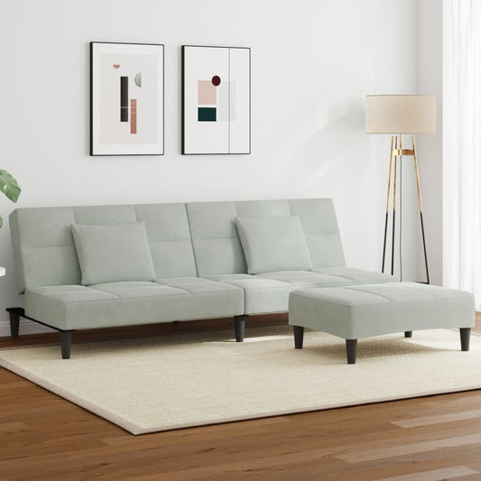 Sofá-cama 2 lugares c/ apoio de pés veludo cinza-claro