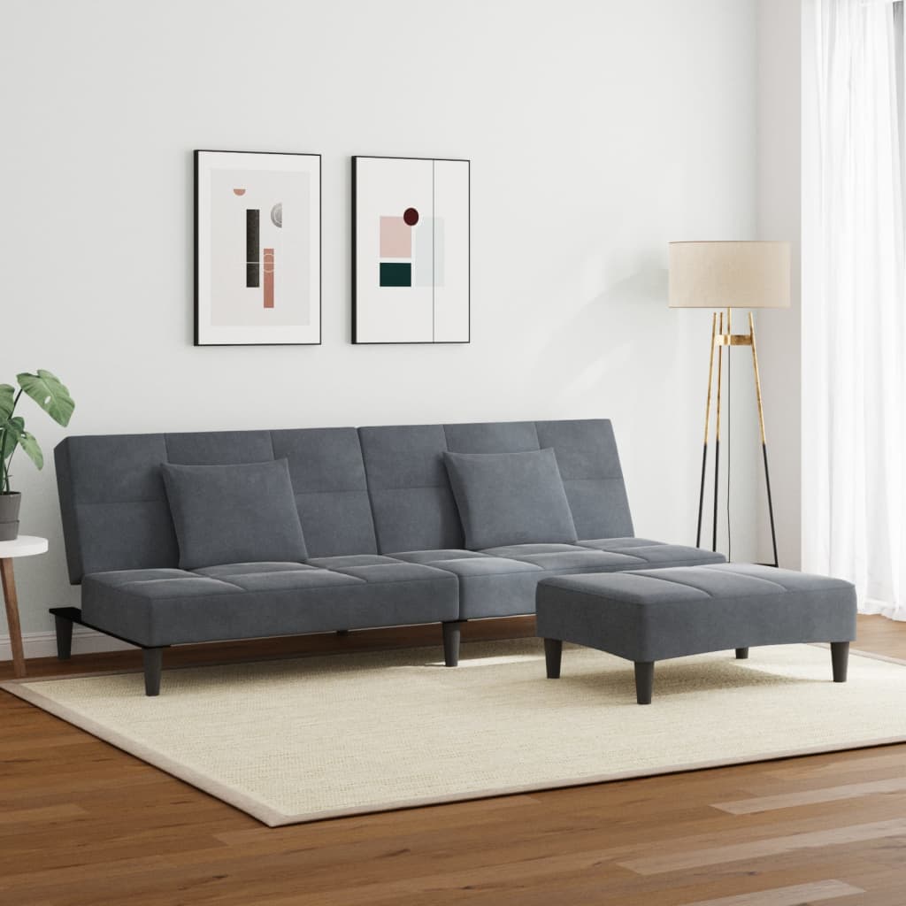 Sofá-cama 2 lugares c/ apoio de pés veludo cinzento-escuro