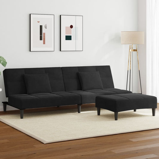 Sofá-cama 2 lugares c/ apoio de pés veludo preto