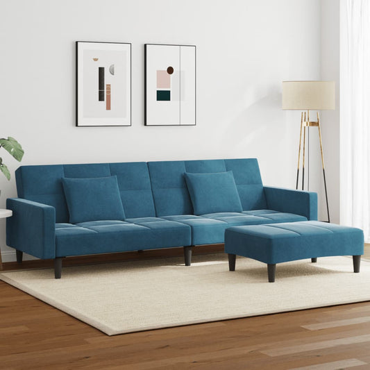 Sofá-cama 2 lugares c/ apoio de pés veludo azul
