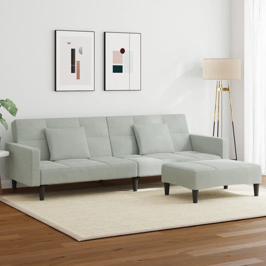 Sofá-cama 2 lugares c/ apoio de pés veludo cinza-claro